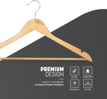 KEPLIN Strong Walnut Wood Wooden Coat Hangers with 360 Degree Rotatory Hook & Round Trouser Bar & Shoulder Notches - Durable Wardrobe Space Saver (Natural, 20 Pack)