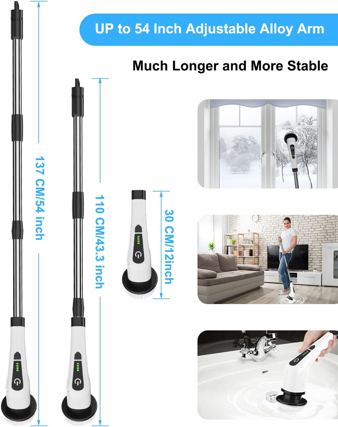 Leebein Electric Spin Scrubber, Cordless Cleaning Brush with 8 Replaceable Brush Heads, Extendable Long Handle Bathroom Cleaning Scrubber, 300/400RPM Spin Scrubber for Bathroom Kitchen Floor Tile