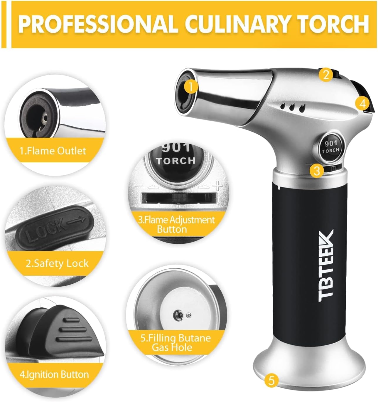 TBTeek Blow Torch, Fit All Tanks Kitchen Blow Torch with Safety Lock & Adjustable Flame for Cooking, BBQ, Baking, Brulee, Creme, DIY Soldering(Butane Not Included)