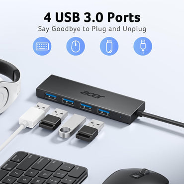 Acer USB Hub 4 Ports, Multiple USB 3.0 Hub, USBA Splitter for Laptop with Type C Power Port, Extender for A Port Laptop, PC, Desktop and More (2ft)