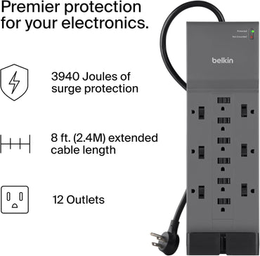 Belkin 12-Outlet Surge Protector Power Strip w/ 12 AC Outlets & 8ft Flat Plug, UL-listed Heavy-Duty Extension Cord for Home, Office, Travel, Computer, Laptop, Charger - 3,940 Joules of Protection