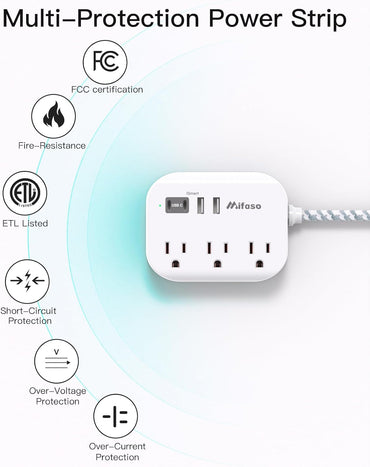 Cruise Ship Essentials - Mifaso Power Strip with USB Ports, 5Ft Flat Extension Cord with Multiple Outlets, USB Charging Station with Non Surge Protector for Cruise Ship, Travel, Dorm Room Essentials