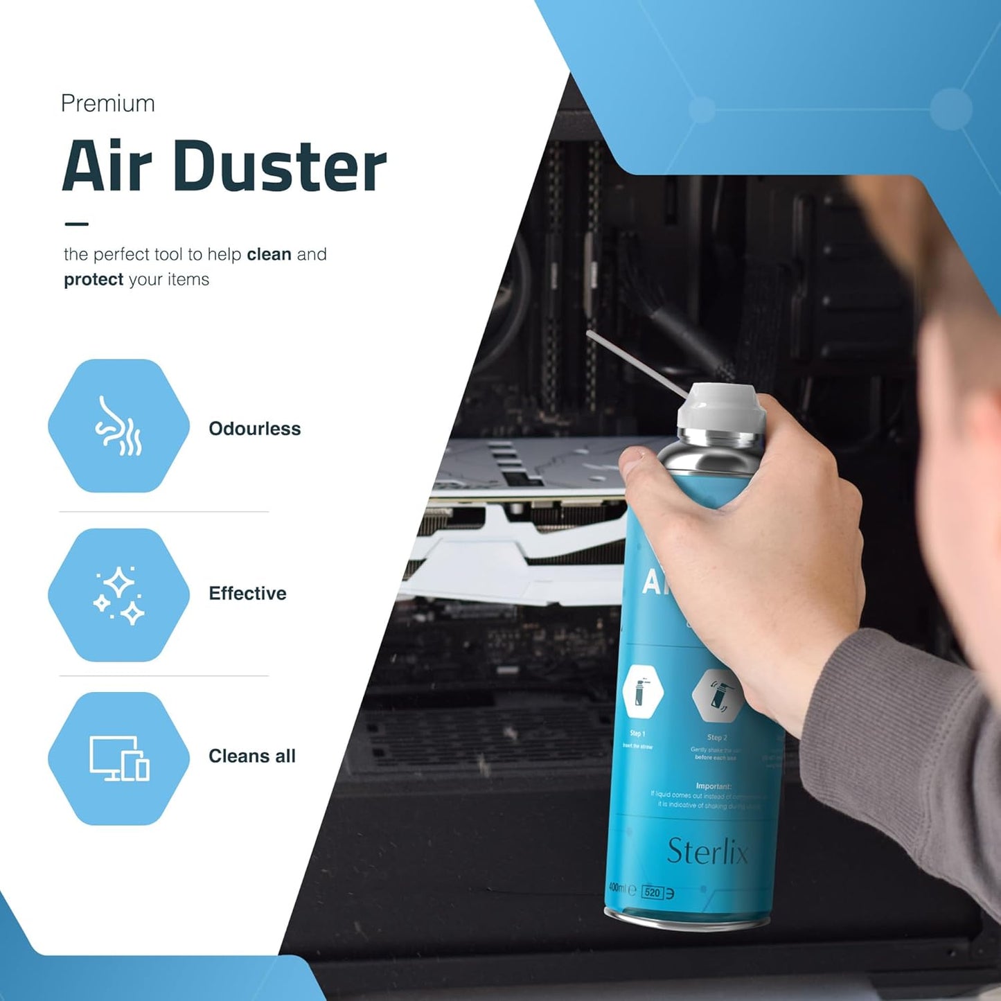 Sterlix Air Duster Can Compressed Air Spray Can Dust Cleaner PC, Keyboard, Electronic Devices & Car Cleaning Protect, 2 x 400ml, Packaging May Vary