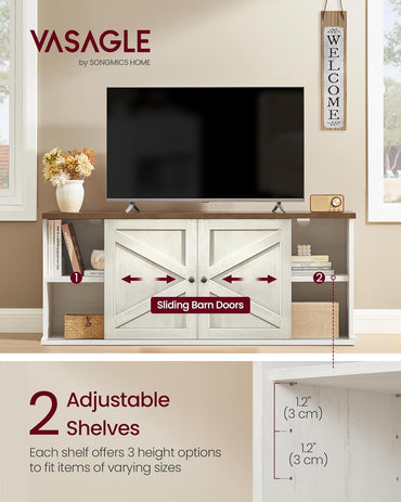 VASAGLE Farmhouse TV Stand for TVs up to 65 Inches, Entertainment Center with Storage Cabinets and Sliding Barn Doors, Media Console Table for Living Room, Rustic White and Honey Brown ULTV535W01