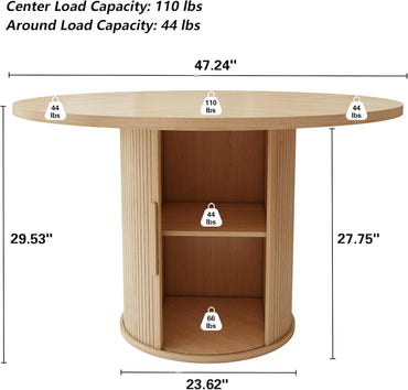 47 inch Round Dining Table for 4, Kitchen Table Dinner Table with 2-Layer Storage Shelf and Wood Slide Door for Home Dining Room Living Room (Natural)