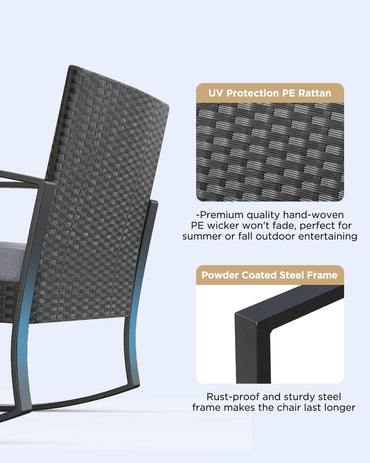 3 Pieces Outdoor Patio Furniture Set Rocking Bistro Set Outdoor Rattan Conversation with Coffee Table for Garden Balcony Backyard Poolside (Grey Cushion)