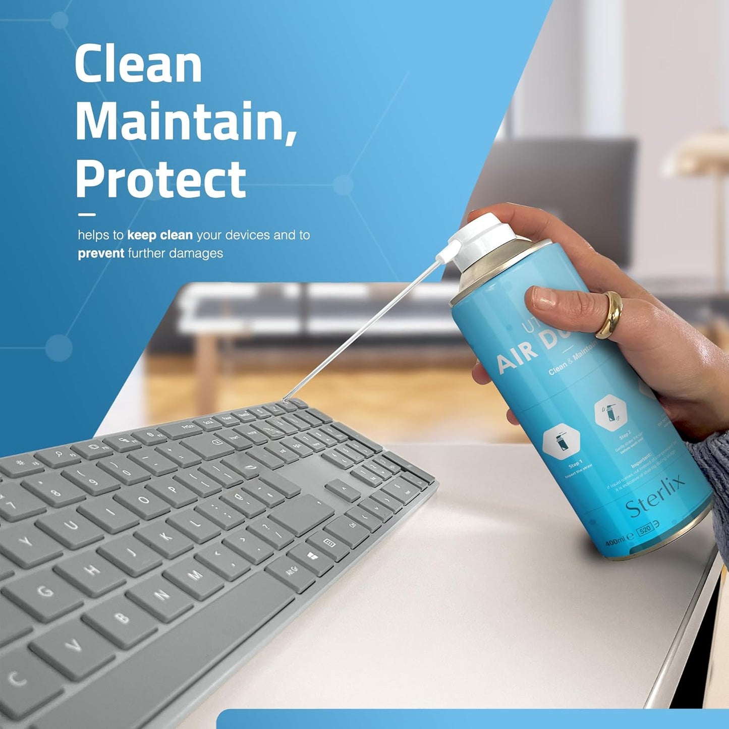 Sterlix Air Duster Can Compressed Air Spray Can Dust Cleaner PC, Keyboard, Electronic Devices & Car Cleaning Protect, 2 x 400ml, Packaging May Vary