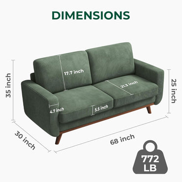 Vesgantti 68" Loveseat Sofa - Green, Comfy Corduroy with Spring Cushion, Solid Wood Frame, Modern Deep Seat, Bedroom & Living Room, Office Couch