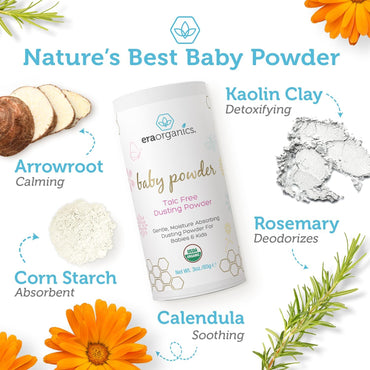 USDA Organic Baby Powder Talc-Free - Soothing Arrowroot, Calendula and Cornstarch for Newborn, Babies or Toddlers - Made in USA - 3oz/85g - Cart Shape