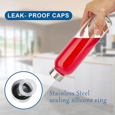 Clear Glass Bottles with Lids 18 oz, Reusable Glass Water Bottles with Stainless Steel Cap for Refrigerator, Juicing, 100% Leak Proof, BPA Free, Juice Bottle Drinking Jar Containers Set of 6