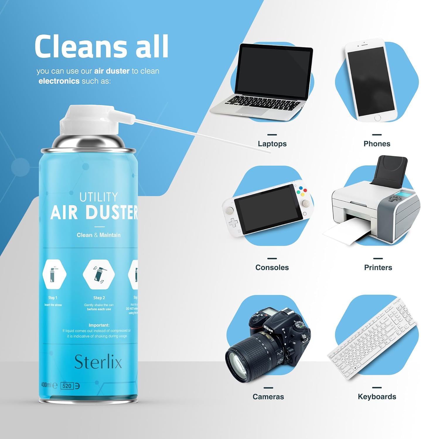 Sterlix Air Duster Can Compressed Air Spray Can Dust Cleaner PC, Keyboard, Electronic Devices & Car Cleaning Protect, 2 x 400ml, Packaging May Vary