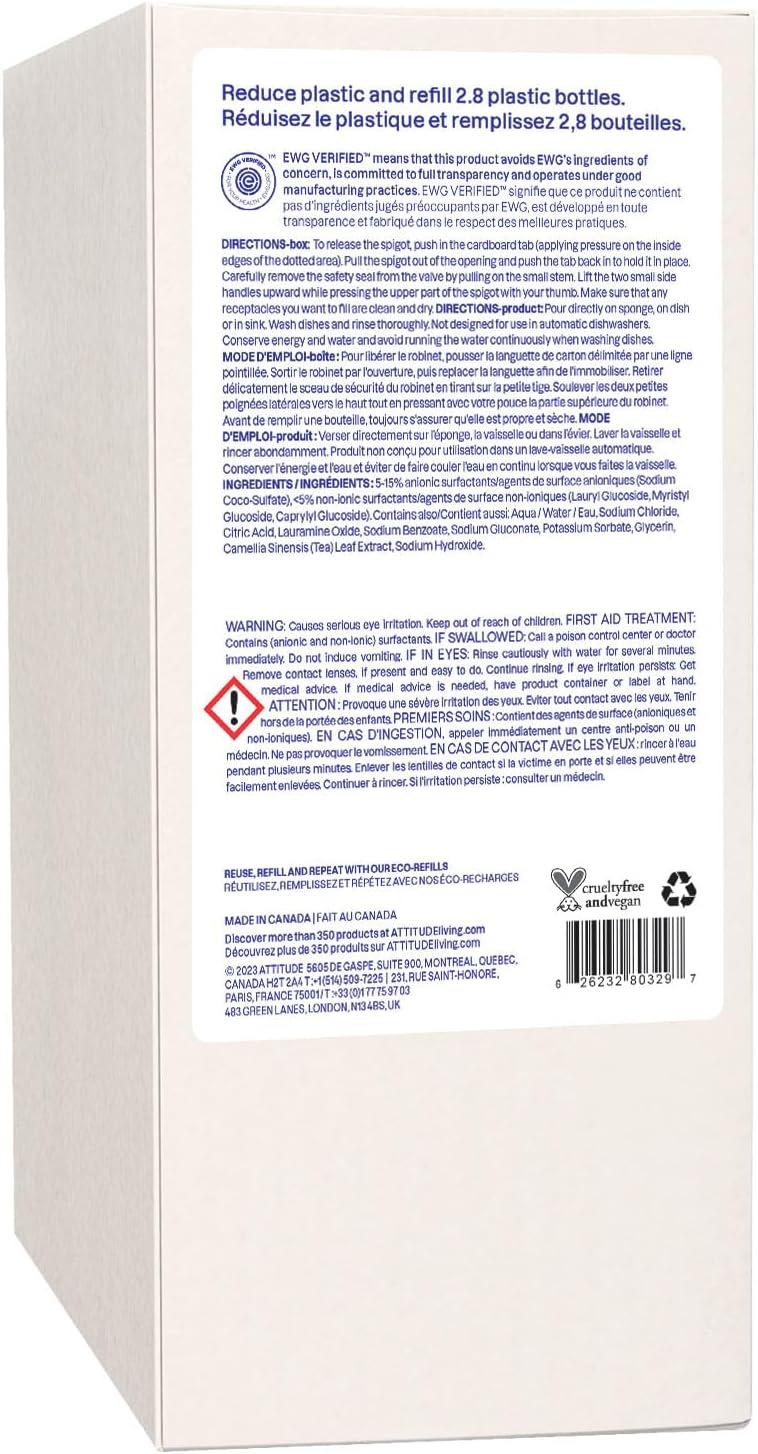 ATTITUDE Dish Soap Refill, EWG Verified, Plant-Based & Vegan Dishwashing Liquid, Naturally Derived, Unscented, 67.6 Fl Oz