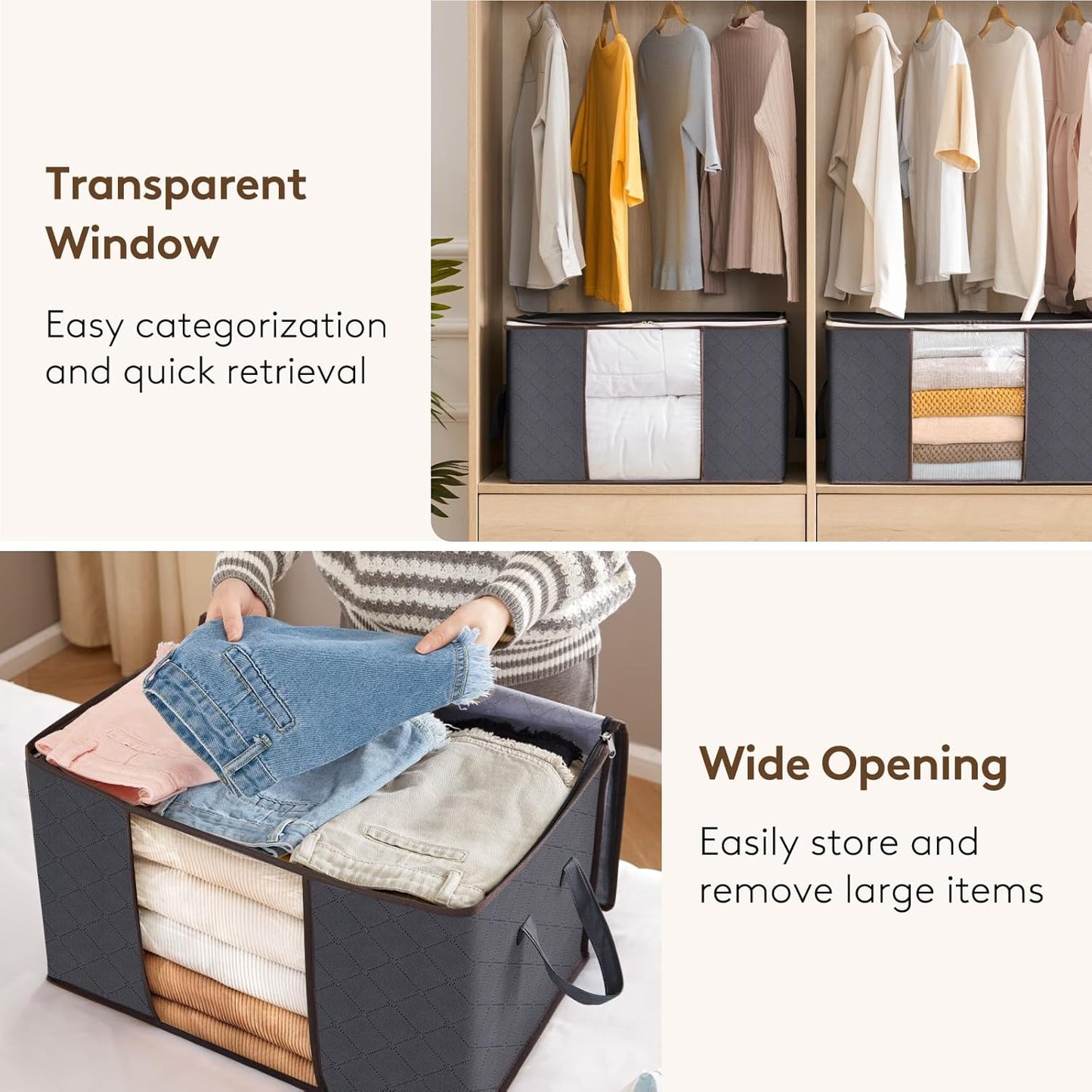 Lifewit 95L Clothes Storage Bags Large Storage Box With Lid Packing Boxes for Moving House With Reinforced Handle Thick Fabric Clear Window for Clothes Duvet Blankets Bedding, 3 Pack, Grey