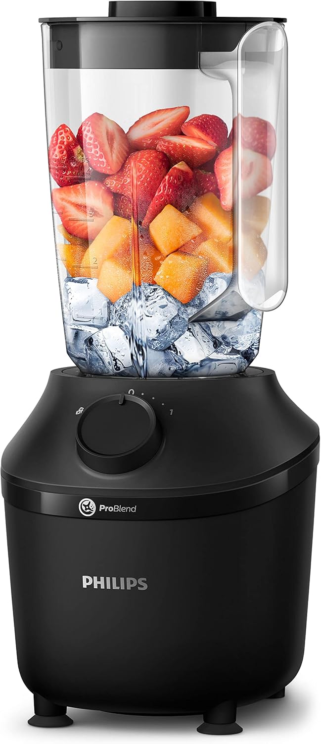 Philips Blender 3000 Series, ProBlend System, 1.9L Maximum Capacity, 1L Effective Capacity, 450W, 1 Speed Setting + Pulse, Plastic Jar, Black, (HR2041/01), Smooth blends with no lumps in 45 seconds
