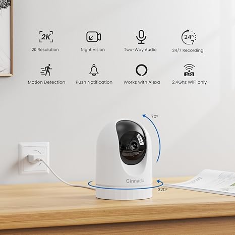 Security Camera Indoor-2K 360° WiFi Cameras for Home Security,Pet/Dog/Baby Camera with Phone app, 2-Way Audio, Night Vision, 24/7 SD Card Storage, Works with Alexa & Google Home (2.4Ghz)-D1