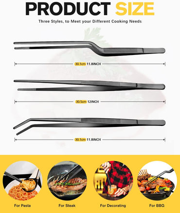 12 inch Fine Cooking Tweezers Set, Professional Stainless Steel Food Tongs, Kitchen Black Long Chef for Cooking, Plating, Decorating and BBQ