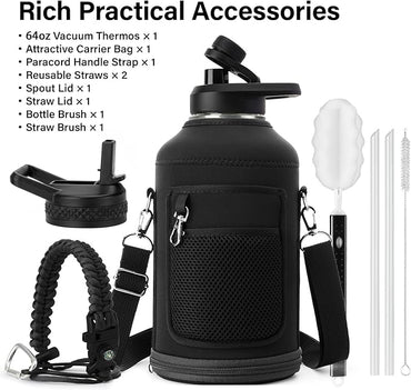 Insulated Water Bottle | Thickened Stainless Steel Vacuum Metal Thermos | Portable Sports Half Gallon Large Water Jug for Gym and Hiking with Straw, Carrier Bag, Handle Strap | BPA-Free 64 oz