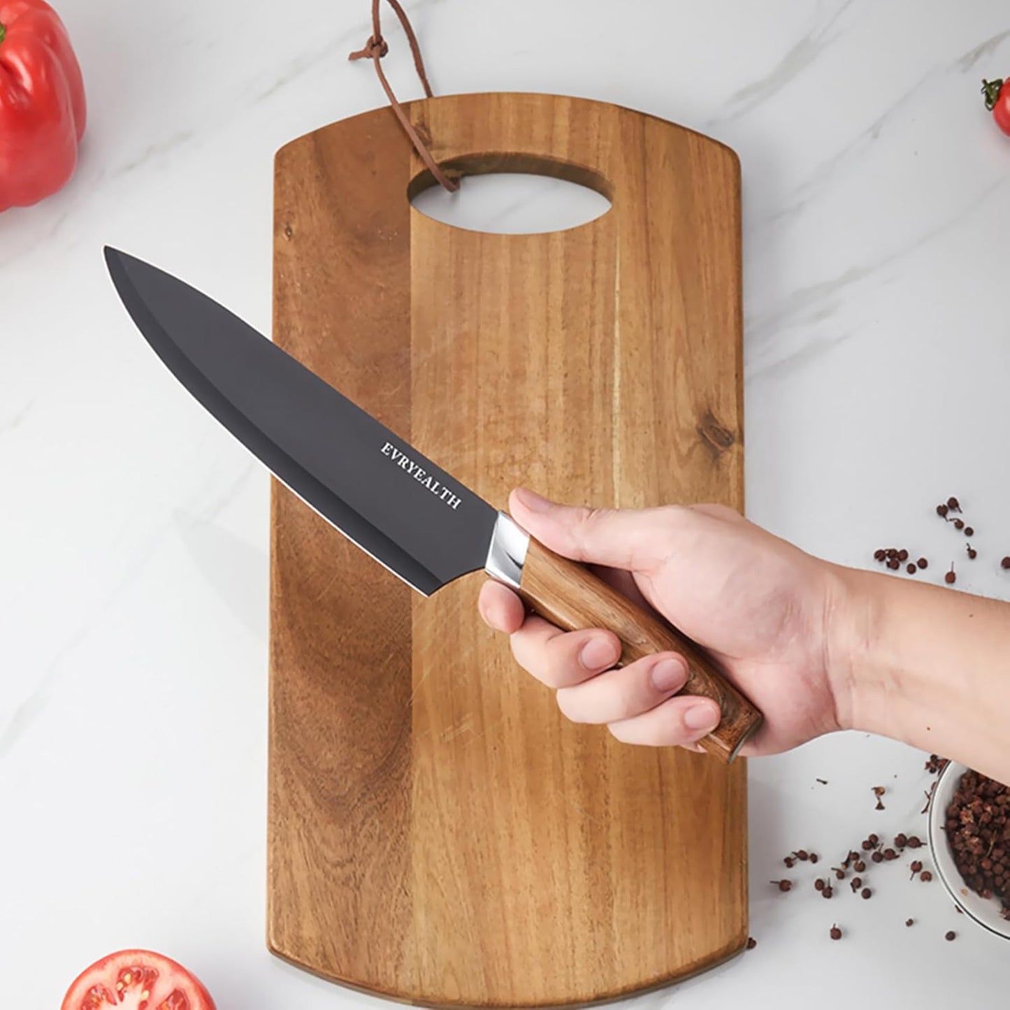lapelux Kitchen Knife Set - 5 Piece Knife Set with Block, Wood Grain Handle, Stainless Steel Knivese with Chef, Bread, Slicer, Utility, Paring Knife for Cutting Meat/Vegetables/Fruit.…