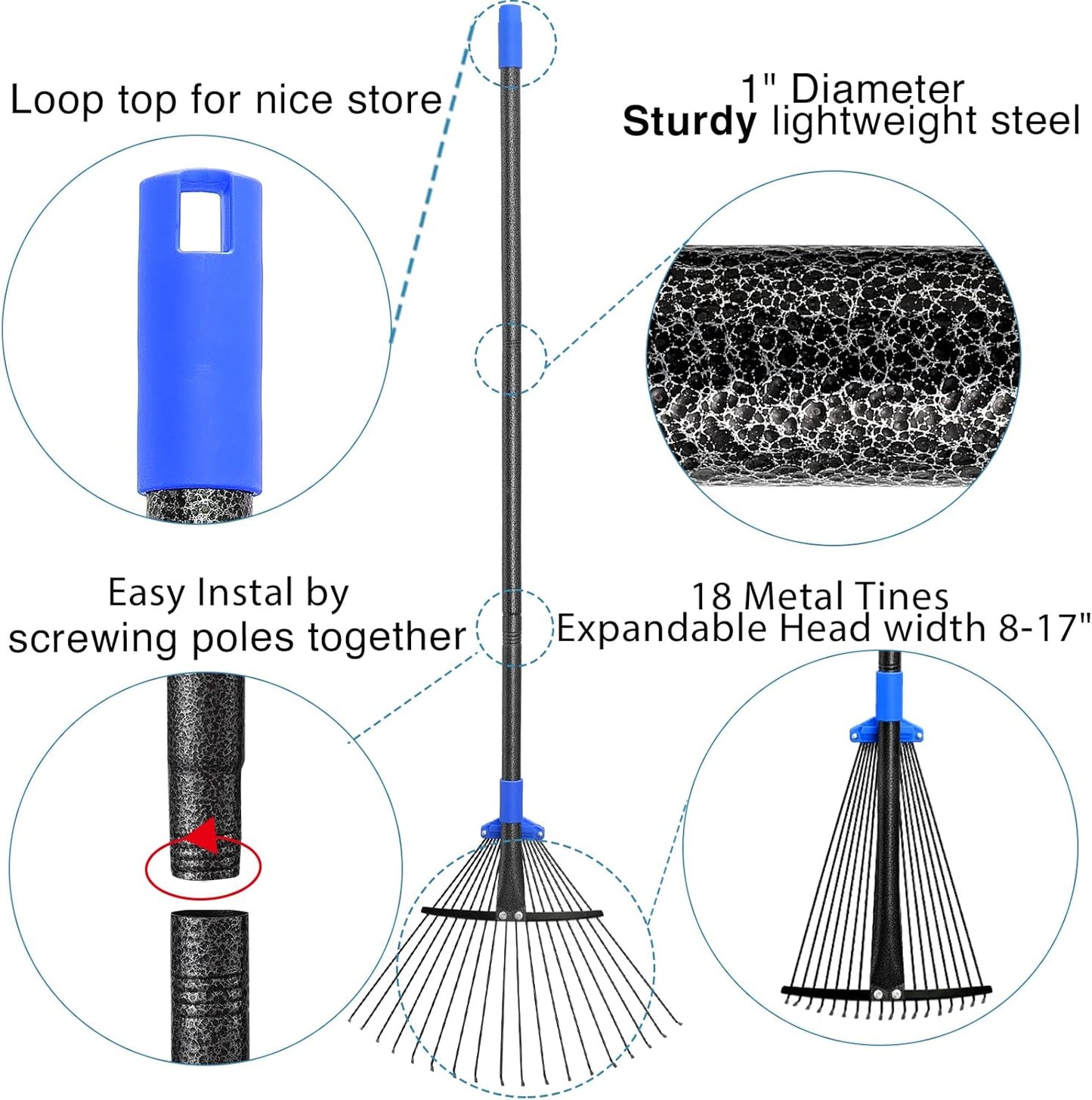 Adjustable Metal Leaf Rake Long Handle, Garden Rakes for Lawns Heavy Duty Leaves with Expandable Head 8-17", Yard Women Kids Rake for Gardening RV Camping