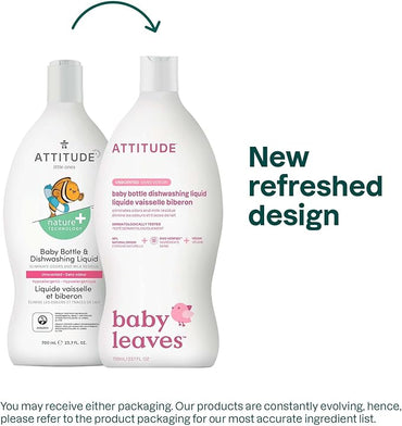 ATTITUDE Baby Dish Soap and Bottle Cleaner, EWG Verified Dishwashing Liquid, No Added Dyes or Fragrances, Tough on Milk Residue and Grease, Vegan, Unscented, 23.7 Fl Oz