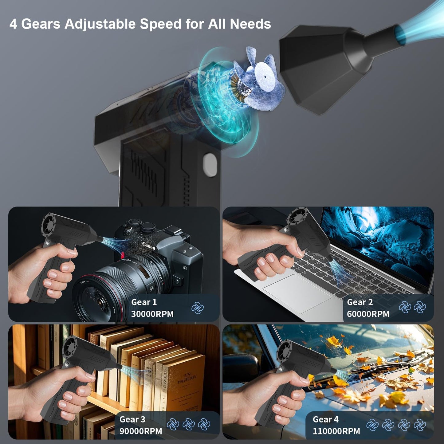 Compressed Air Duster Cleaner for PC, 4 Gear Adjustable 110000RPM Electric Air Duster, Portable Air Dust Blower, Cordless Compressed Air Duster for Computer, Keyboard, Outdoors and Car Cleaning