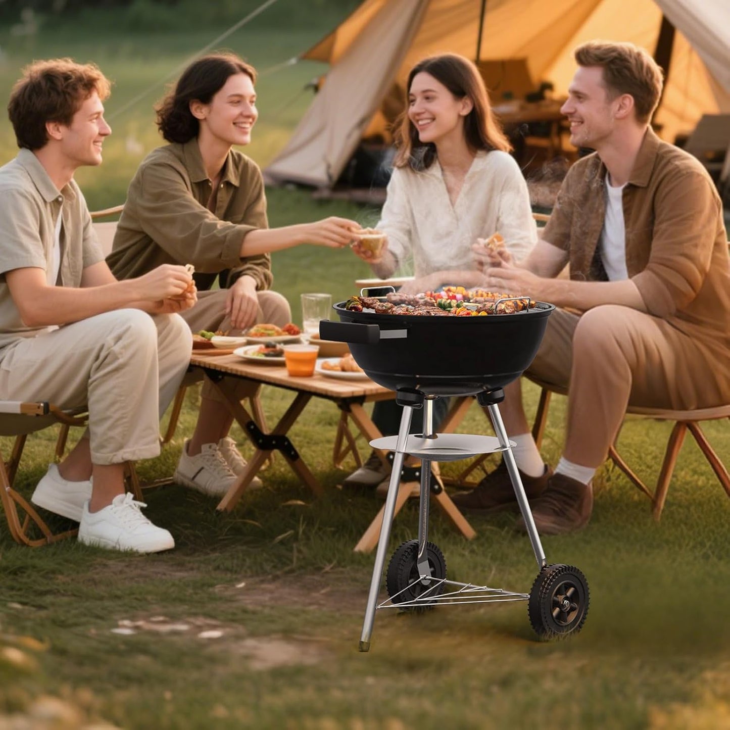 18 inch Charcoal Grill, Portable Kettle BBQ Grills, Perfect BBQ Gift, Durable & Easy to Assemble, Round Barbecue Grill with Wheels and Lid for Outdoor Cooking, Patio and Beach, Black