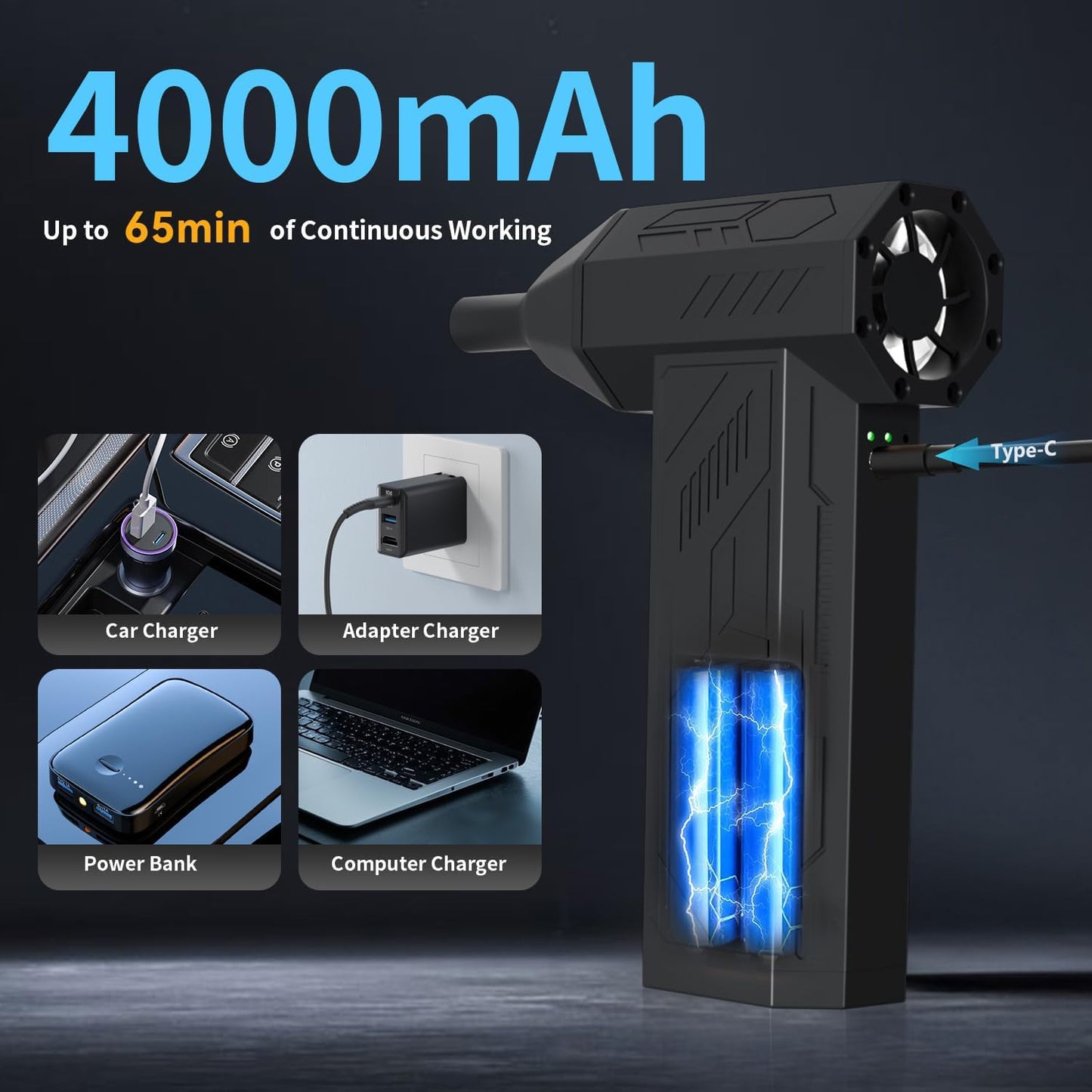 Compressed Air Duster Cleaner for PC, 4 Gear Adjustable 110000RPM Electric Air Duster, Portable Air Dust Blower, Cordless Compressed Air Duster for Computer, Keyboard, Outdoors and Car Cleaning