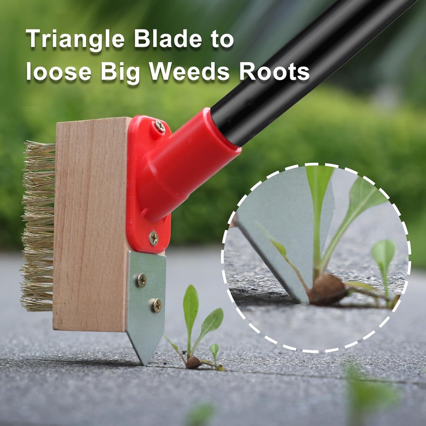 Mitclear Weed Remove Brush with Long Handle(53IN), Weed Remover Tool with V-shaped Wire Brush & Blade Scraper, Remove Weed & Moss from Block Paving Garden Path Patio Driveway (3 Brush Heads)