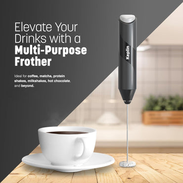 Keplin Handheld Milk Frother - Stainless Steel Electric Whisk - Portable Battery-Operated Coffee Frother for Lattes, Matcha, Protein Shakes - Ergonomic, Compact, Easy to Clean (Black)
