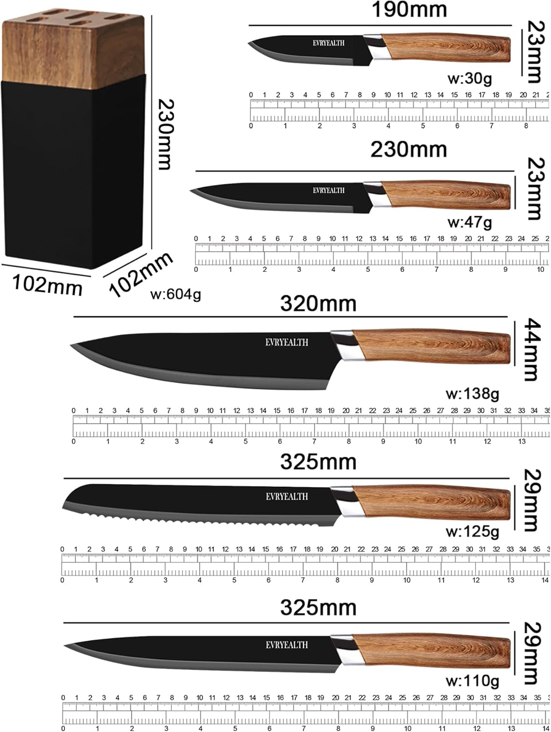 lapelux Kitchen Knife Set - 5 Piece Knife Set with Block, Wood Grain Handle, Stainless Steel Knivese with Chef, Bread, Slicer, Utility, Paring Knife for Cutting Meat/Vegetables/Fruit.…