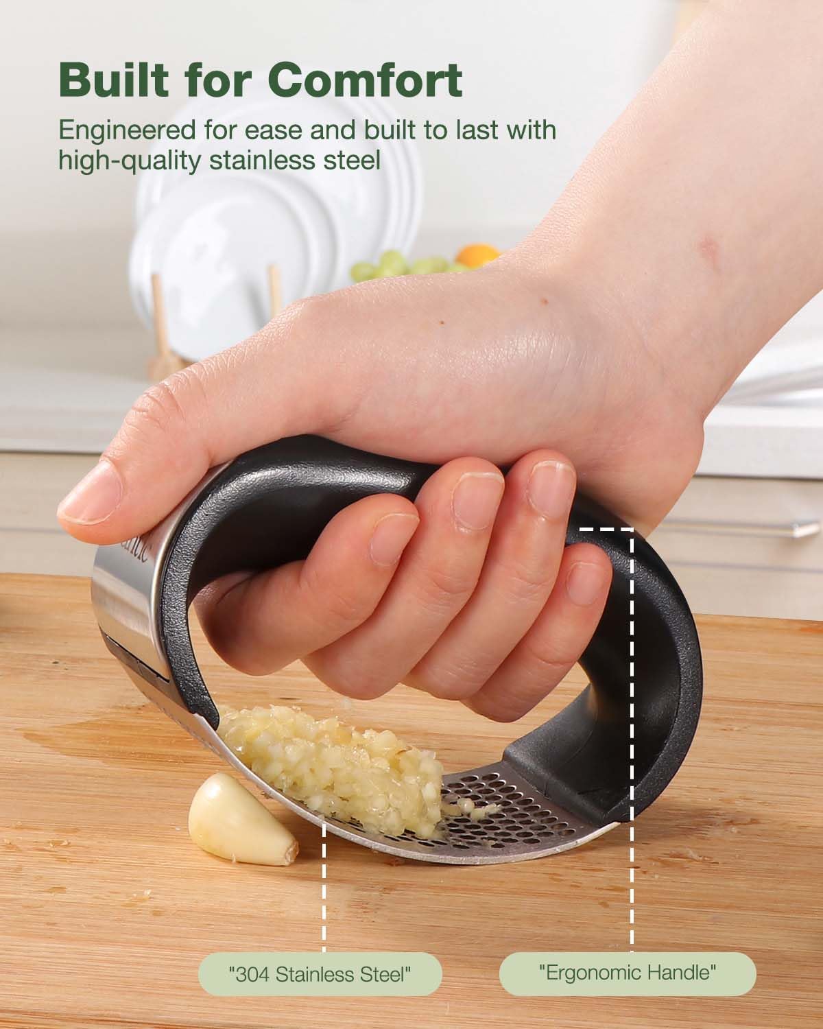 Vantic Garlic Press Rocker - Stainless Steel Garlic Crusher, Mincer and Chopper with Peeler & Scraper, Easy Kitchen Gadget for Effortless Smashing