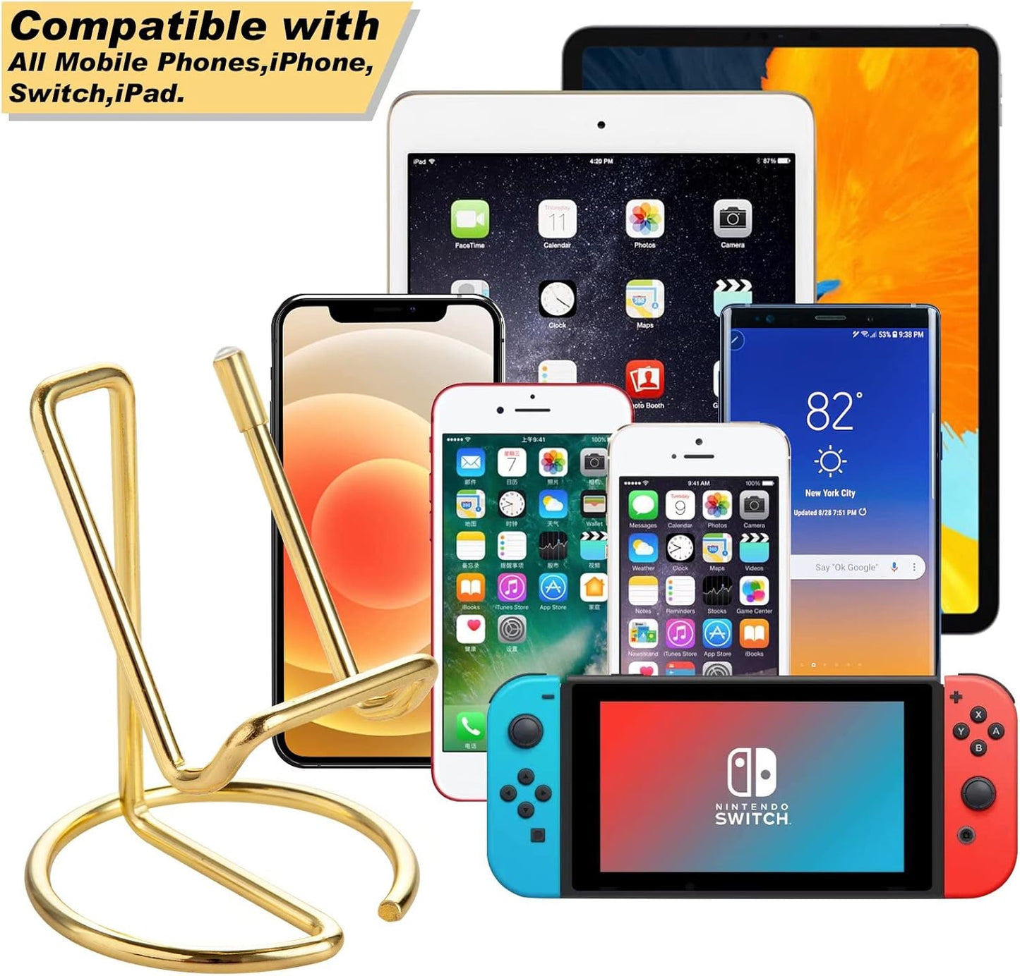 Cell Phone Stand for Desk, Cute Metal Gold Cell Phone Stand Holder Desk Accessories, Compatible with All Mobile Phones, iPhone, iPad