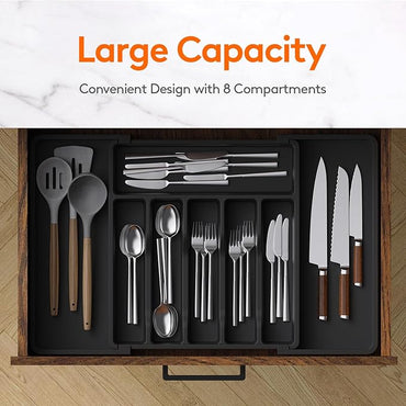 Lifewit Large Silverware Drawer Organizer, Expandable Utensil Tray for Kitchen, BPA Free Flatware and Cutlery Holder, Adjustable Plastic Storage for Spoons Forks Knives, Large, Black