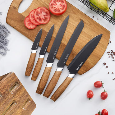 lapelux Kitchen Knife Set - 5 Piece Knife Set with Block, Wood Grain Handle, Stainless Steel Knivese with Chef, Bread, Slicer, Utility, Paring Knife for Cutting Meat/Vegetables/Fruit.…
