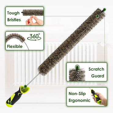 Radiator Cleaner Brush Thin Long 81cm Boar Bristles, Radiator Duster Brush Long Thin Bendable Flexible with Easy Grip Handle, Radiator Brushes for Cleaning Dust Inside Vanes and Backside