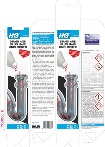 HG Drain and Plug Hair Unblocker, Removes Hair from Shower, Bath, and Sink Plug Holes, Unblocks Pipes & Drains Quickly & Easily - 200 ml + 250 ml