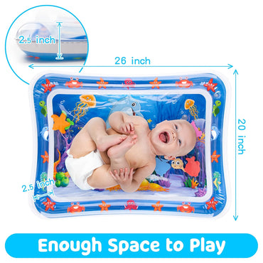 Inflatable water mat with a baby on it, showing dimensions and an underwater theme.