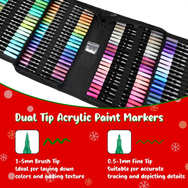 120 Colors Acrylic Paint Markers, Dual Tip Fine and Brush Tips Pens Contain 24 Metallic Color for Stone, Wood, Calligraphy, Canvas, Ceramic, Metal, Glass, Rock Painting, DIY Crafts Art Supplies Kit