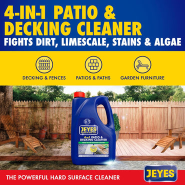Jeyes 4 In 1 Patio & Decking Cleaner (4 Litre). Patio Cleaner Fluid for Paths, Drives, Decking & Fencing - Outdoor Disinfectant Liquid or Pressure Washer Detergent - Tackles Dirt, Algae & Stains
