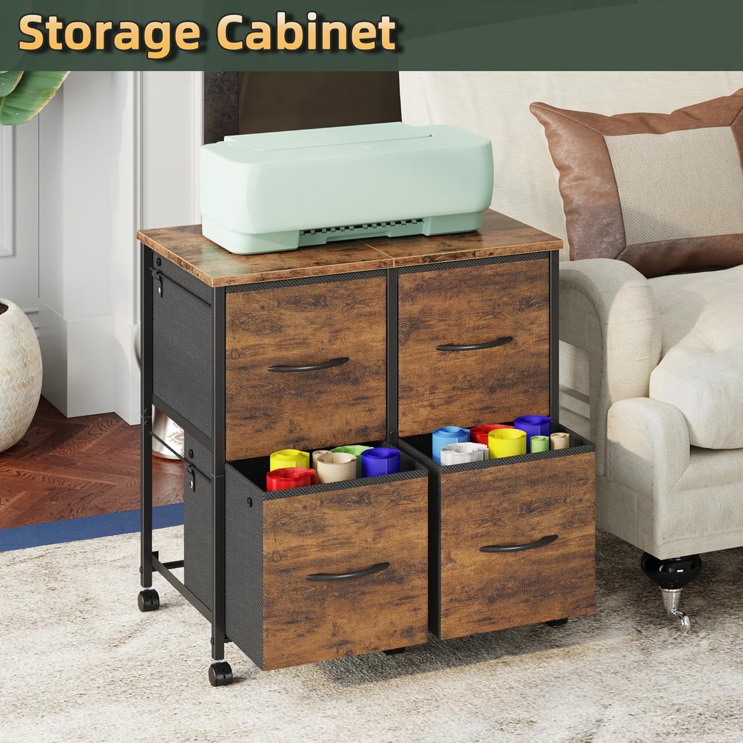 4 Drawer Lateral File Cabinet, Mobile Filing Cabinet for Large Printer, Home Office Functional Small Office Storage Cabinet & Printer Stand, Fits Letter/A4, Rustic Brown