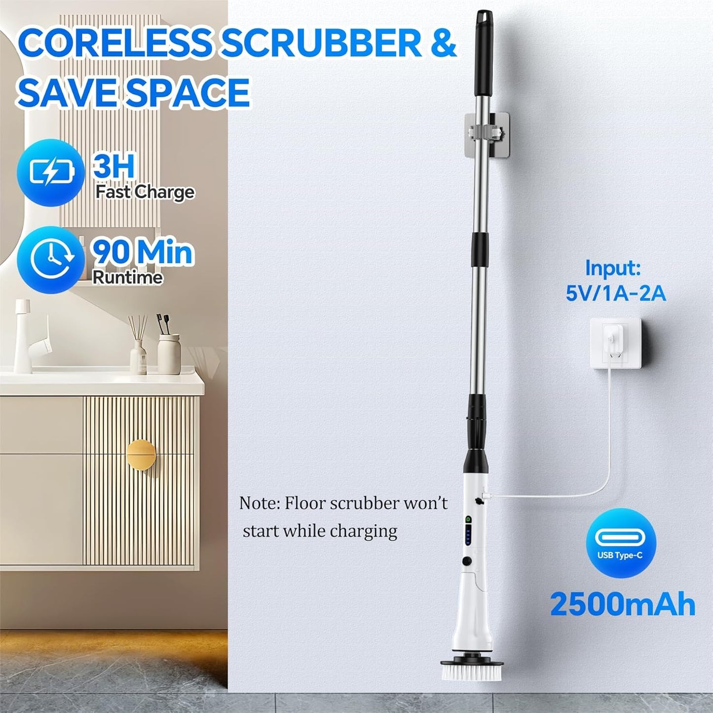 Airlovers Electric Spin Scrubber 2025 - Upgraded Power Scrubber with 3 Angle Adjustments & 8 Replaceable Brush Heads | Ideal for Floors & More