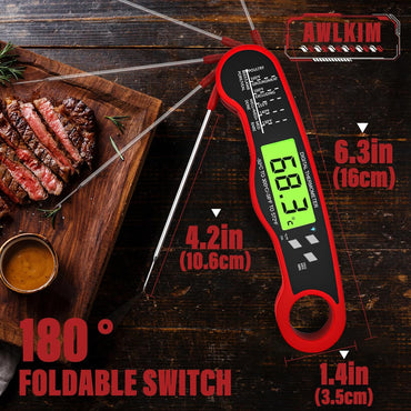 AWLKIM® Instant Read Meat Thermometer for Grill and Cooking - Waterproof Fast Food Thermometer with Backlight, Digital Food Probe for Kitchen Cooking, Candy Making, Outside Gril