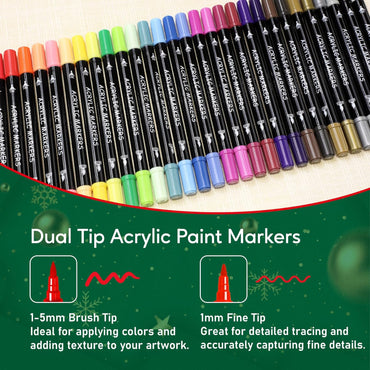 30 Colors Acrylic Paint Markers, Dual Tip Fine and Brush Tips for Detailed Art, Crafting, Rock Painting, Wood, Glass, Ceramic, and More