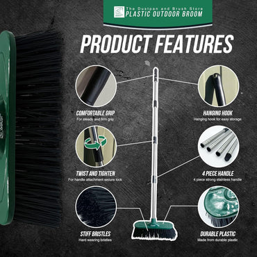 Yard Broom Outdoor Heavy Duty, 10” Garden Broom Synthetic Hard Bristle Brush Head with Strong Handle, Stiff Sweeping Brush Outdoor