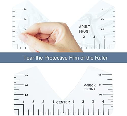 9Pcs Tshirt-Ruler Guide to Center Vinyl, Transparent V-Neck/Round PVC Ruler for Alignment, Heat Press, Children Youth Adult, Front and Back Measurement (10in)