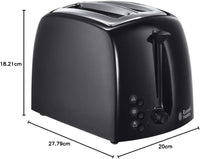 Russell Hobbs Textures 2 Slice Toaster (Extra Wide Slots, 6 Browning levels, Frozen, cancel & reheat function with indicator lights, Removable crumb tray, 850W, Black matt & high gloss finish)