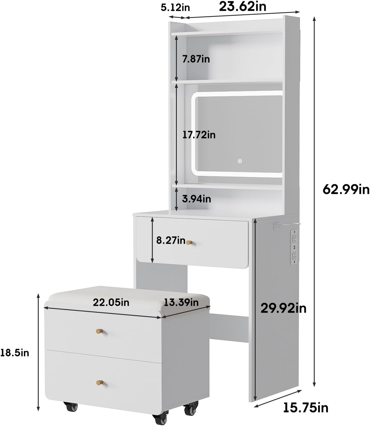Vabches Make Up Vanity Desk with Mirror and Lights, White Vanity Table Set with Charger Station,Girls Small Vanity and Storage Chair