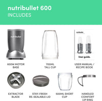 nutribullet Blender 600 Series - Powerful 20,000 RPM Extractor Blends Frozen Fruit, Nuts & Ice - 7 Piece Kit Includes Tall Cup, Short Cup, Handled Ring & Sealable Lid - Ideal for Smoothies