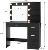 YESHOMY Vanity Desk with Mirror, 10 Lights, Power Outlet and 3 Storage Shelves, Makeup Table with 4 Drawers, 3 Color Modes, for Bedroom, Black