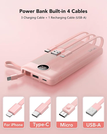 VRURC Portable Charger Power Bank, 10000mAh Travel Essentials Battery Pack, 5 Outputs 2 Inputs Slim Charging Bank Built-in Cables Cords Wires Compatible with iPhone,Samsung,Android-Pink(1 Pack)
